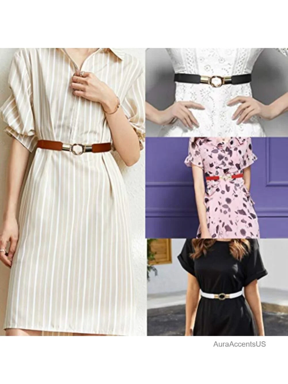 4pk Women Stretchy Faux Leather Waist Belt with Metal Buckle